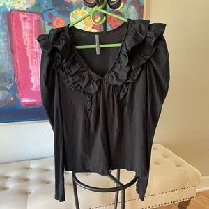 Anthropologie black ruffle v neck top S